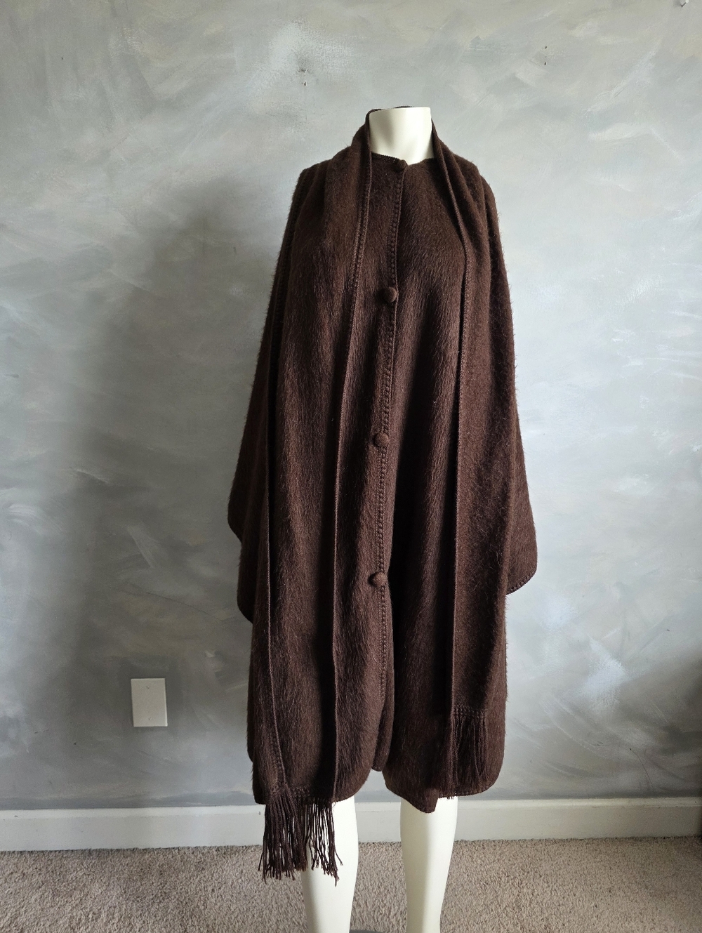 Alpaca Camargo Brown Wool Poncho Scarf Attached Cape Wrap Long